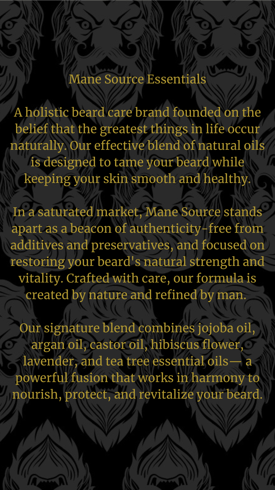 Mane Source Essentials beard care product packaging with text about natural oils and brand values.